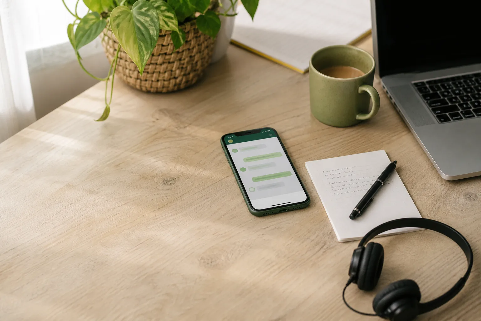 Werkplek met telefoon, laptop, notitieblok en headset