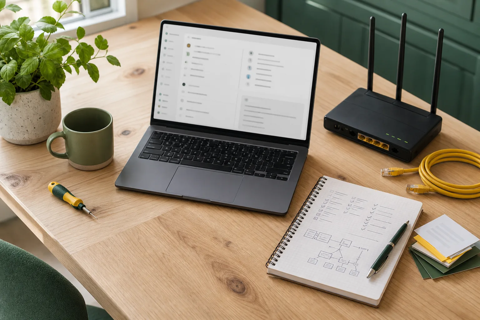 Werkplek met laptop, router, netwerkkabel en notitieboek