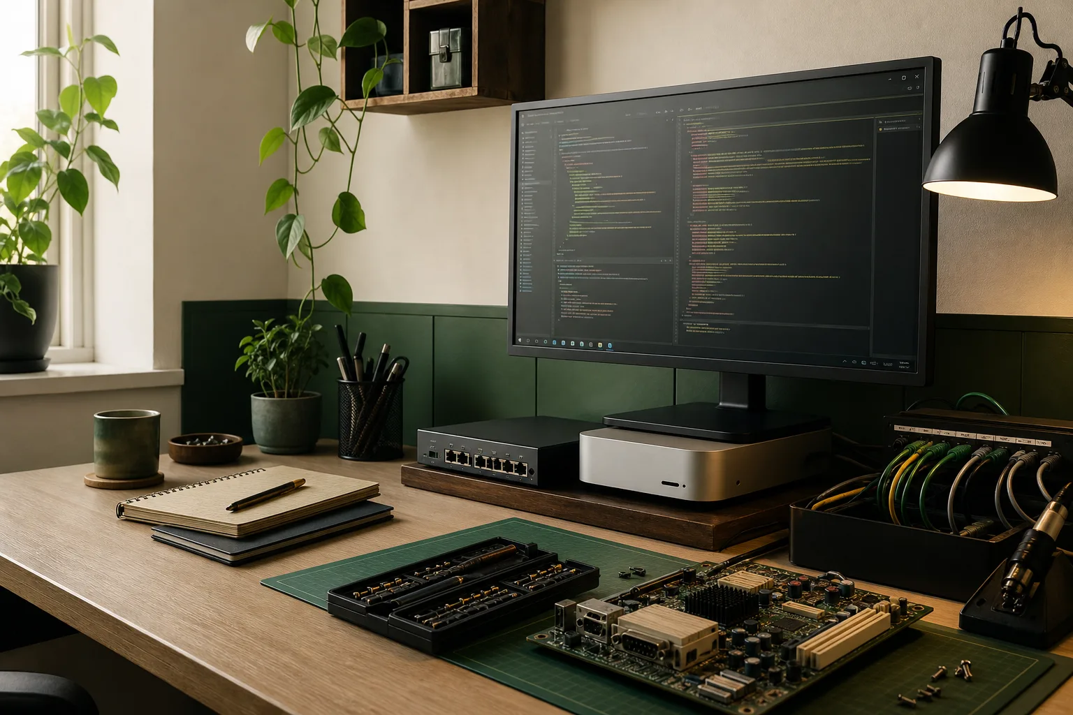 Georganiseerde technische werkplek met netwerkapparatuur en computeronderdelen